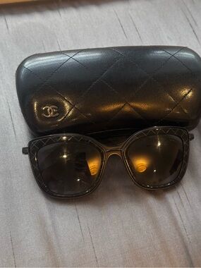 CHANEL Black Quilted Frame Sunglasses with Black Quilted Case
